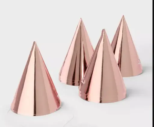 [https://target.scene7.com/is/image/Target/GUEST_073f2303-68de-4c58-860e-79308fc3e825?wid=1200&hei=1200&qlt=80&fmt=webp] 10ct 5" Metallic Foil Party Hats Rose Gold - Spritz 10ct 5" Metallic Foil Party Hats Rose Gold - Spritz -  Gorro Cumpleaños
